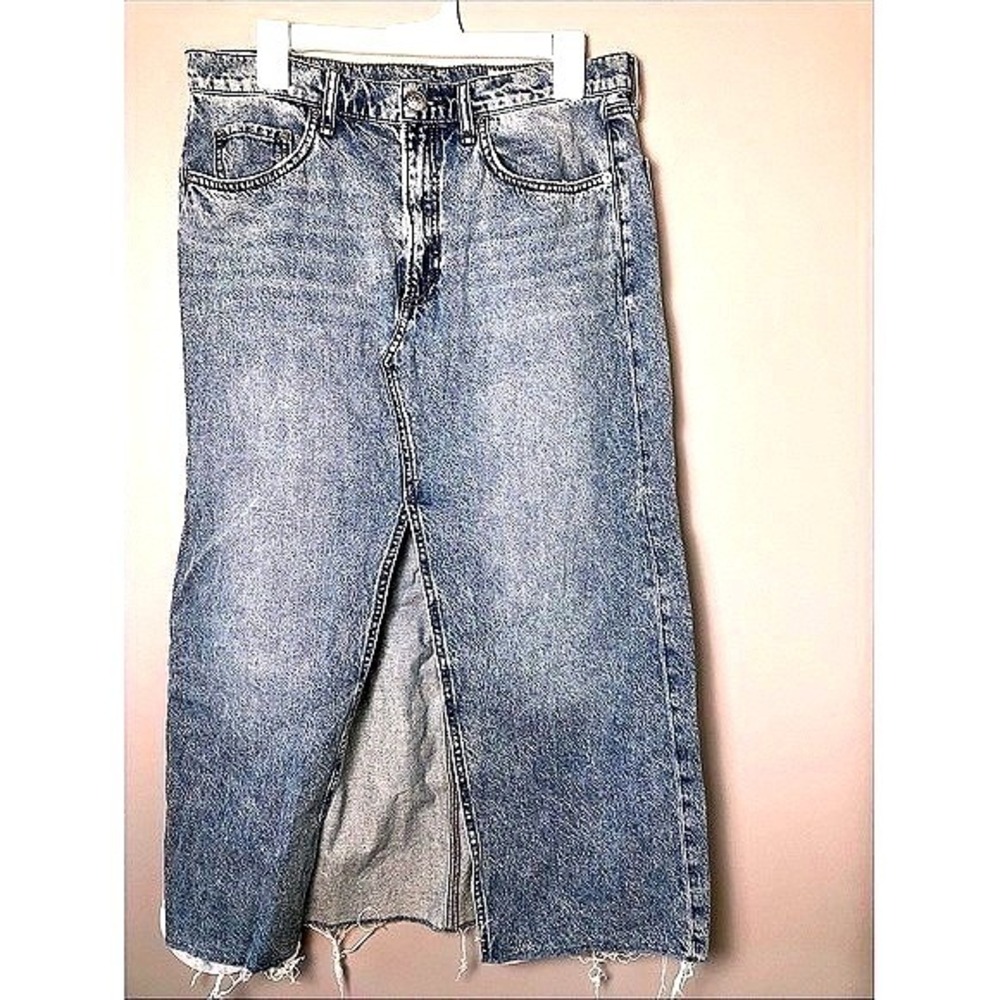 rag & bone NY High-Waist Light Wash Denim Midi Skirt Front Slit Raw Hem Size 30